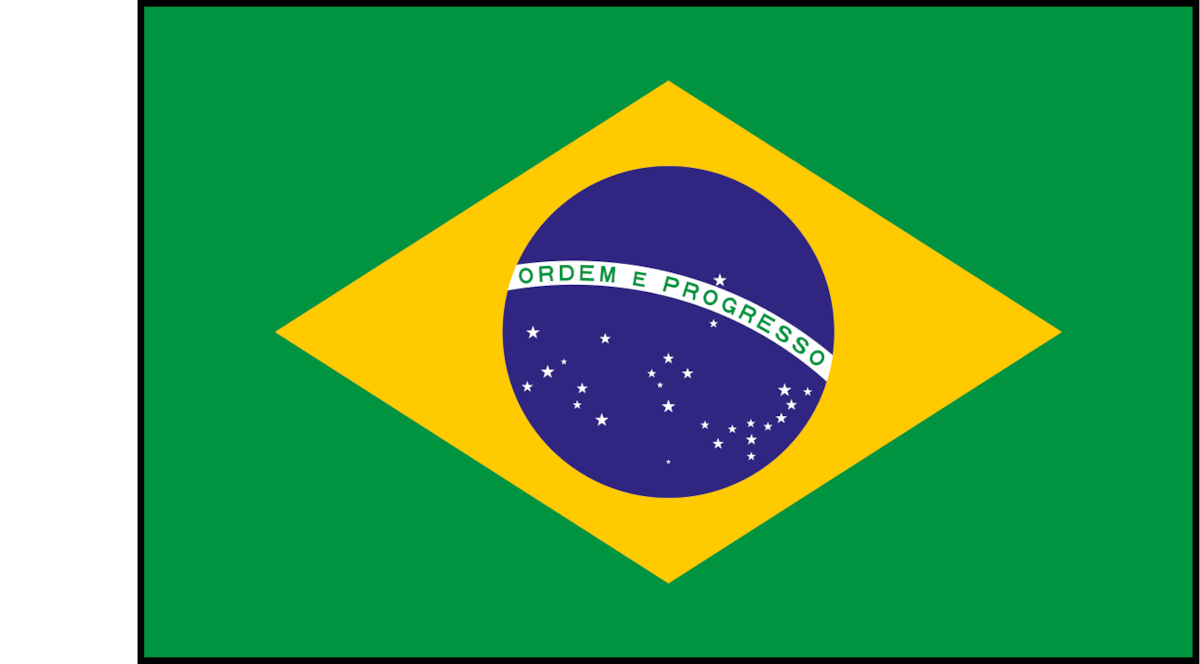 Brazilian flag with a green background, yellow diamond, blue globe with white stars, and a banner reading "Ordem e Progresso" at the center.