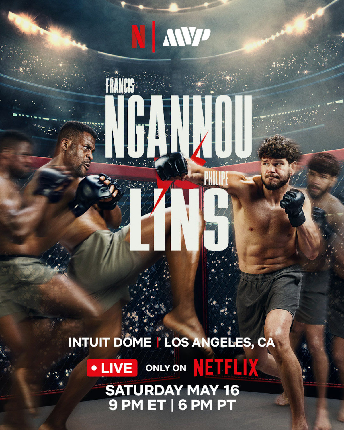 Two male fighters in a boxing ring with gloves, fighting before a cheering crowd in a brightly lit stadium. Large text displays their names, Francis Ngannou and Philipe Lins, with Netflix and MVP logos above.
