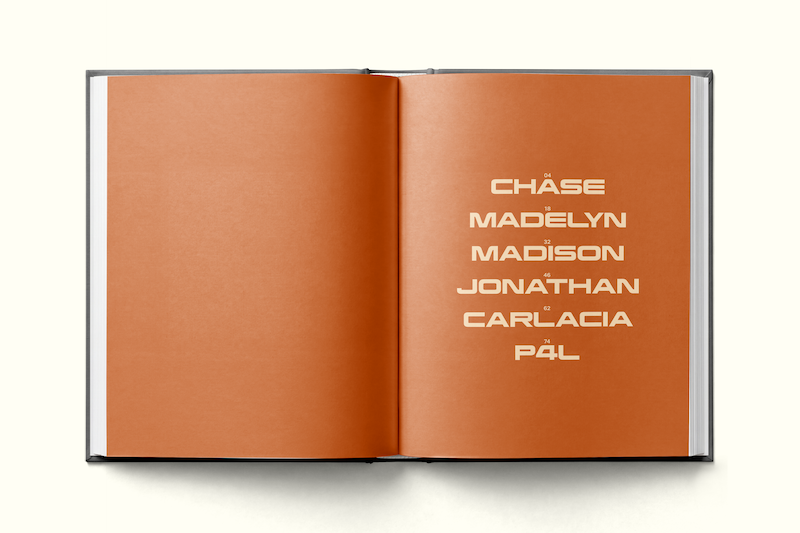 Open book with orange pages on a light surface; right page features a list of stylized names including Chase, Madelyn, Madison, Jonathan, Carlacia, and Pal in bold, geometric white font. Left page is blank.