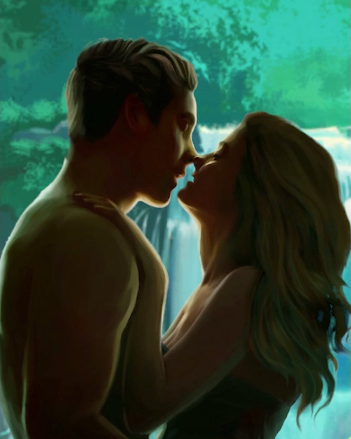 Illustrative game art for the mobile game ‘Netflix Stories: Love Is Blind’, featuring a man and a woman about to kiss.