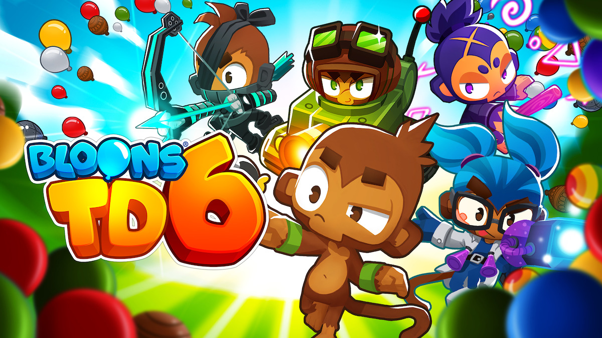 Bloons TD 6 key art - characters from the game holding a variety of weapons
