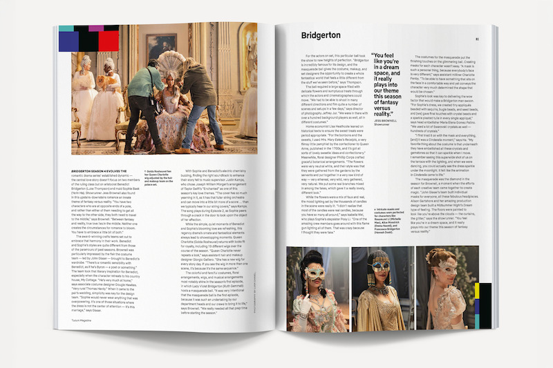 Magazine spread about Bridgerton, featuring cast members in ornate costumes on set, with crew adjusting outfits in a lavish, classical room, plus close-up photos of characters in elegant masquerade attire and masks.
