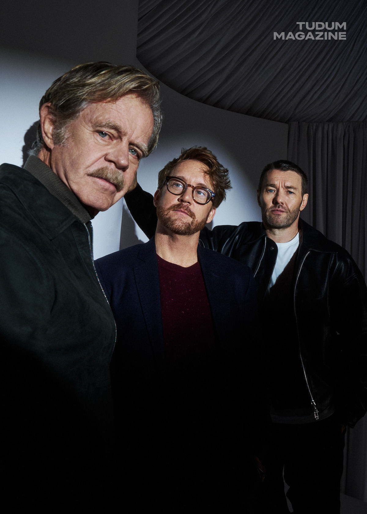 William H. Macy, Clint Bentley, and Joel Edgerton pose against a white background.