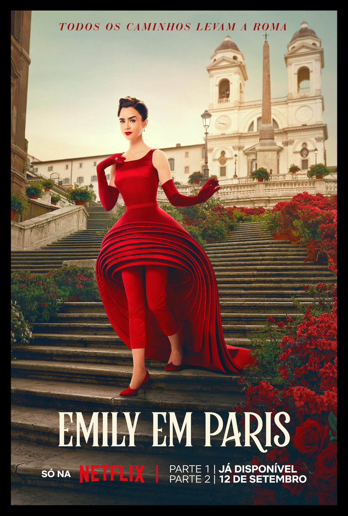Arte da temporada 3 de ‘Emily em Paris’ mostra Lily Collins como Emily, usando um vestido preto e branco.