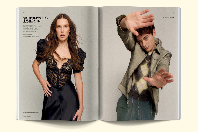 Spread featuring Millie Bobby Brown and Noah Schnapp