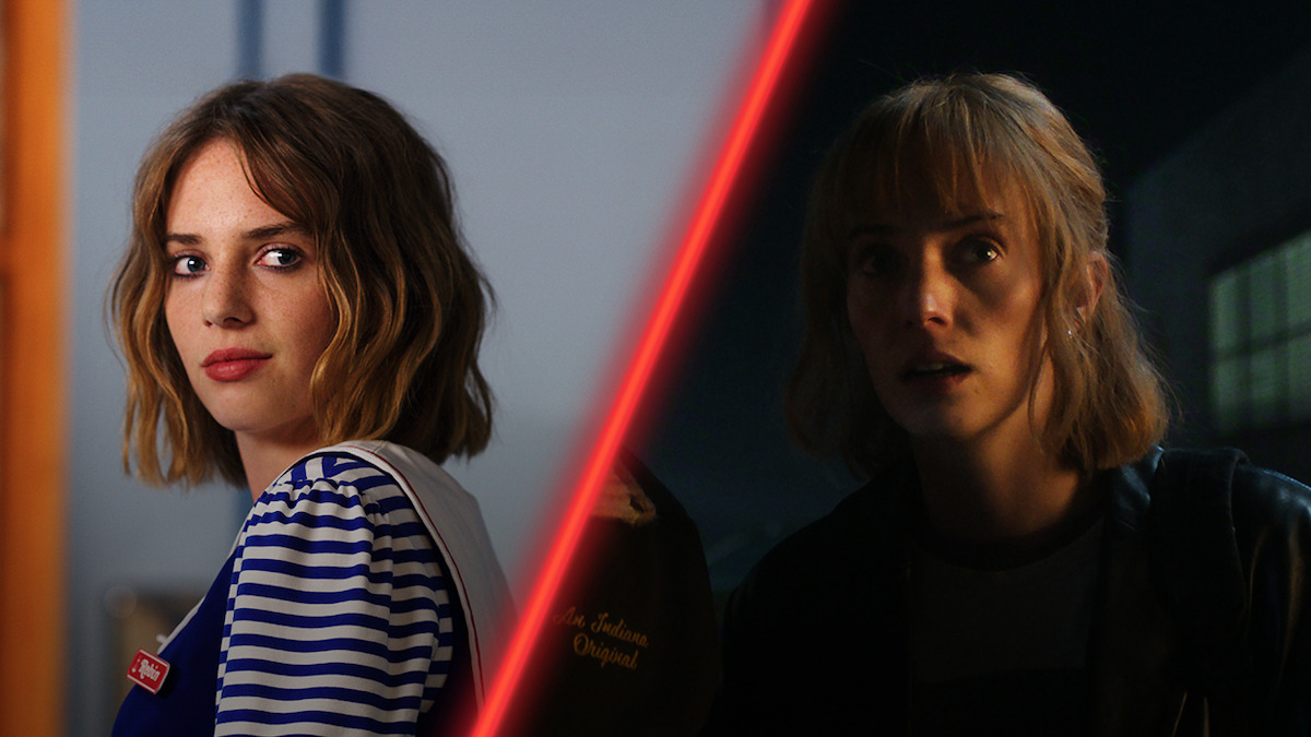 Diptych of Maya Hawke as Robin Buckley in ‘Stranger Things’ Season 1 and Season 5.