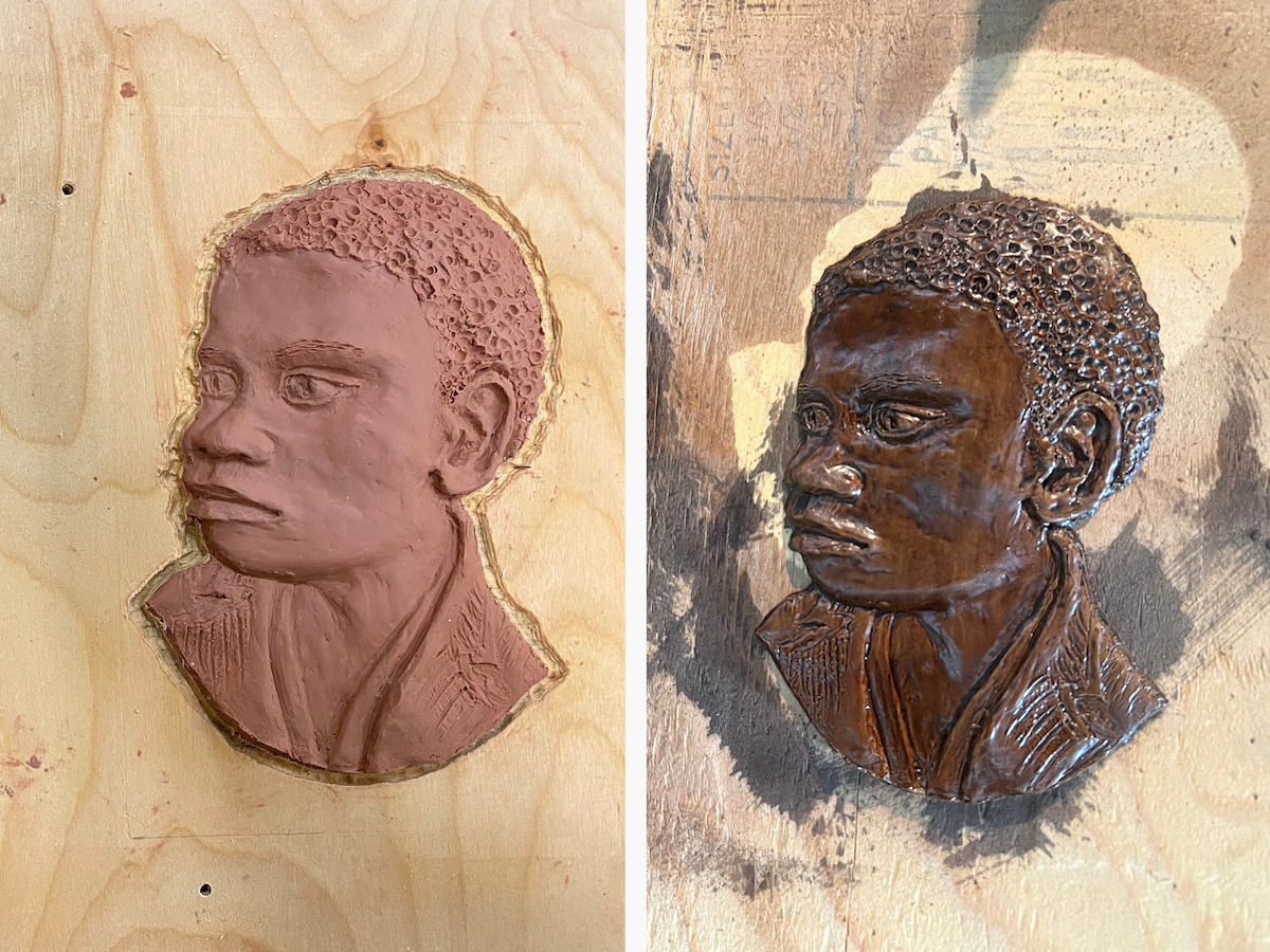 Side by side images showcasing the process for creating the faces of the family members carved into the piano in The Piano Lesson.