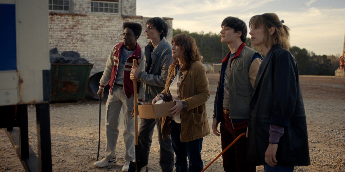 Caleb McLaughlin as Lucas, Finn Wolfhard as Mike, Winona Ryder as Joyce, Noah Schnapp as Will and Maya Hawke as Robin in ‘Stranger Things 5’