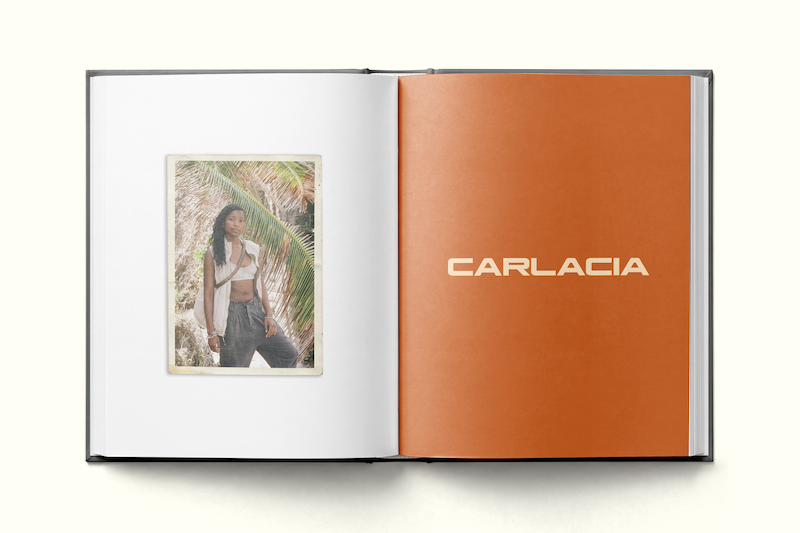Photo book spread with a portrait of a woman standing outdoors near palm leaves on the left page, and an orange right page featuring the large text "CARLACIA".