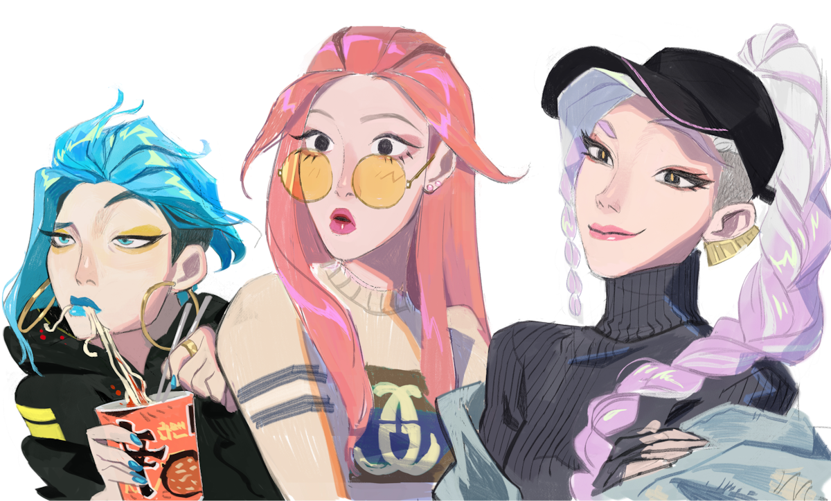 Sketch of Zoey, Mira, and Rumi from 'KPop Demon Hunters'