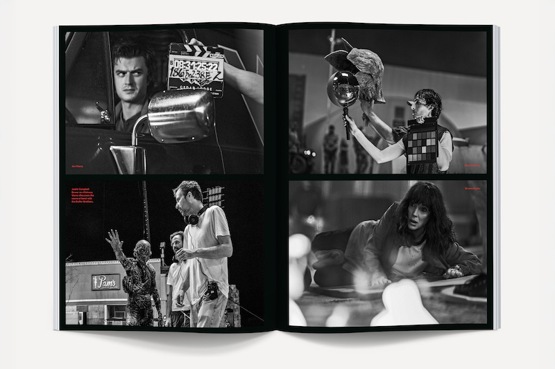 Four black-and-white film set photos: actors performing, one holding a clapperboard in a car, another near stage lights, one laying on a bed, and a director instructing actors outdoors, all in a behind-the-scenes environment.
