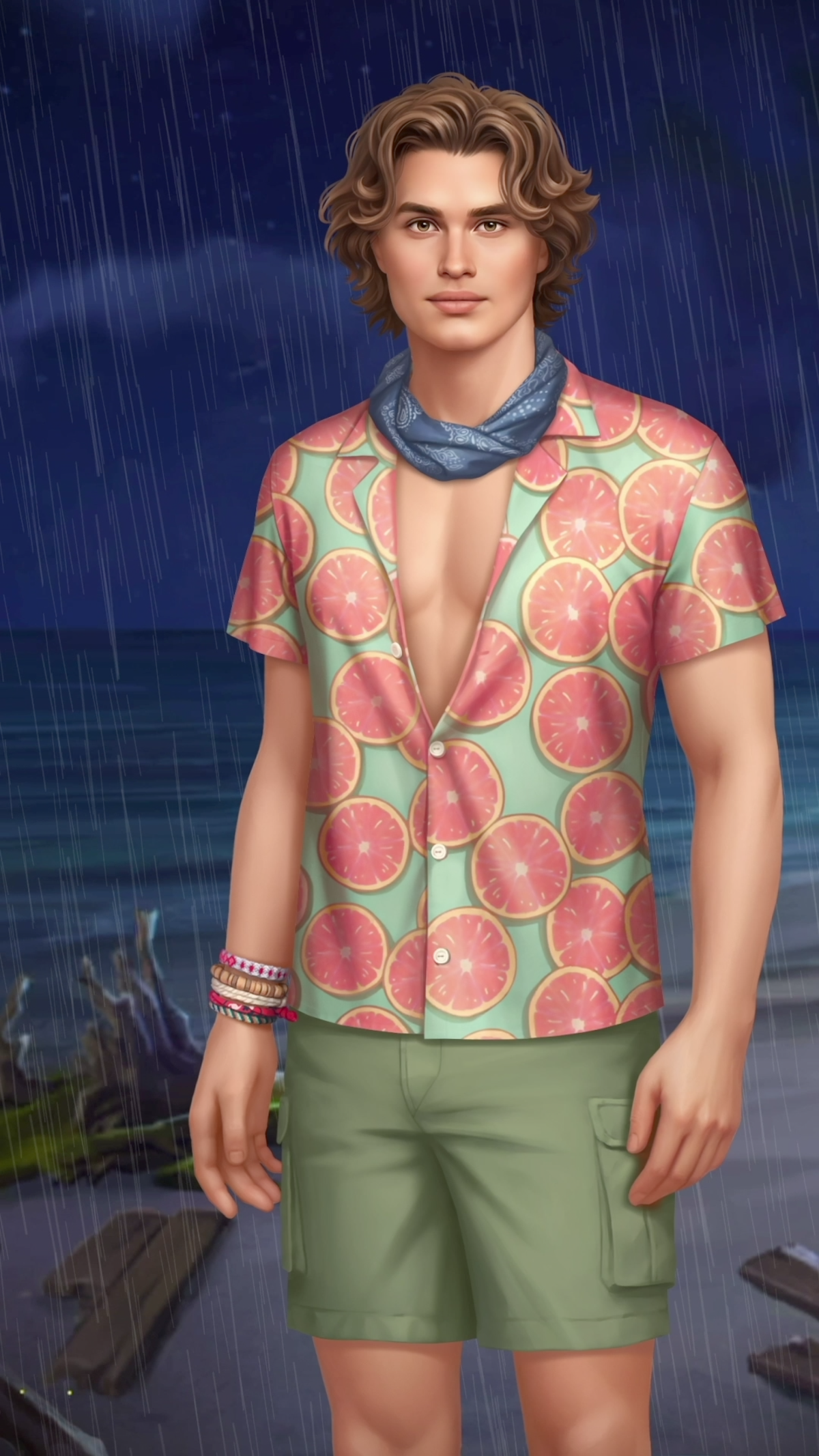 An in-game screenshot from the mobile game 'Netflix Stories: Outer Banks', showing a male game character in front of a stormy seaside backdrop