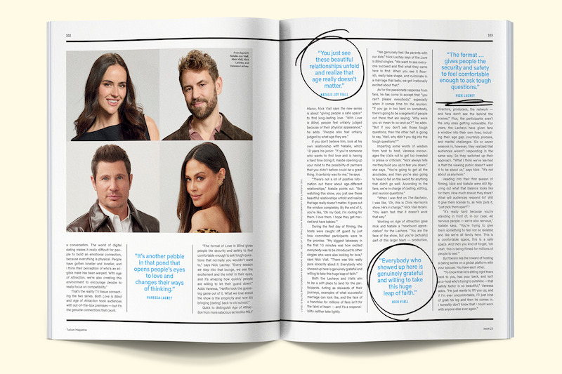 Spread featuring hosts of Love is Blind and Age of Attraction