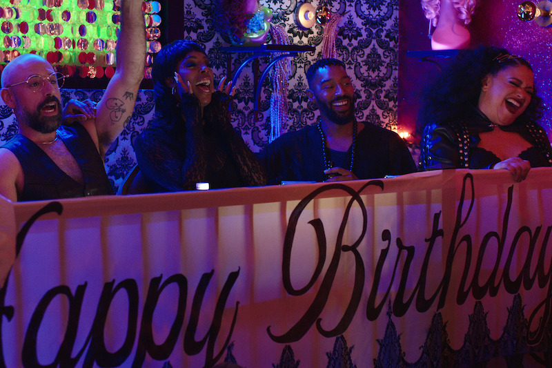 Allan K. Washington as Trent, Anthony Michael Lopez as Bruce, Tasha Smith as Marley, Tone Bell as Khalil, and Michelle Buteau as Mavis in 'Survival of the Thickest' Season 2.