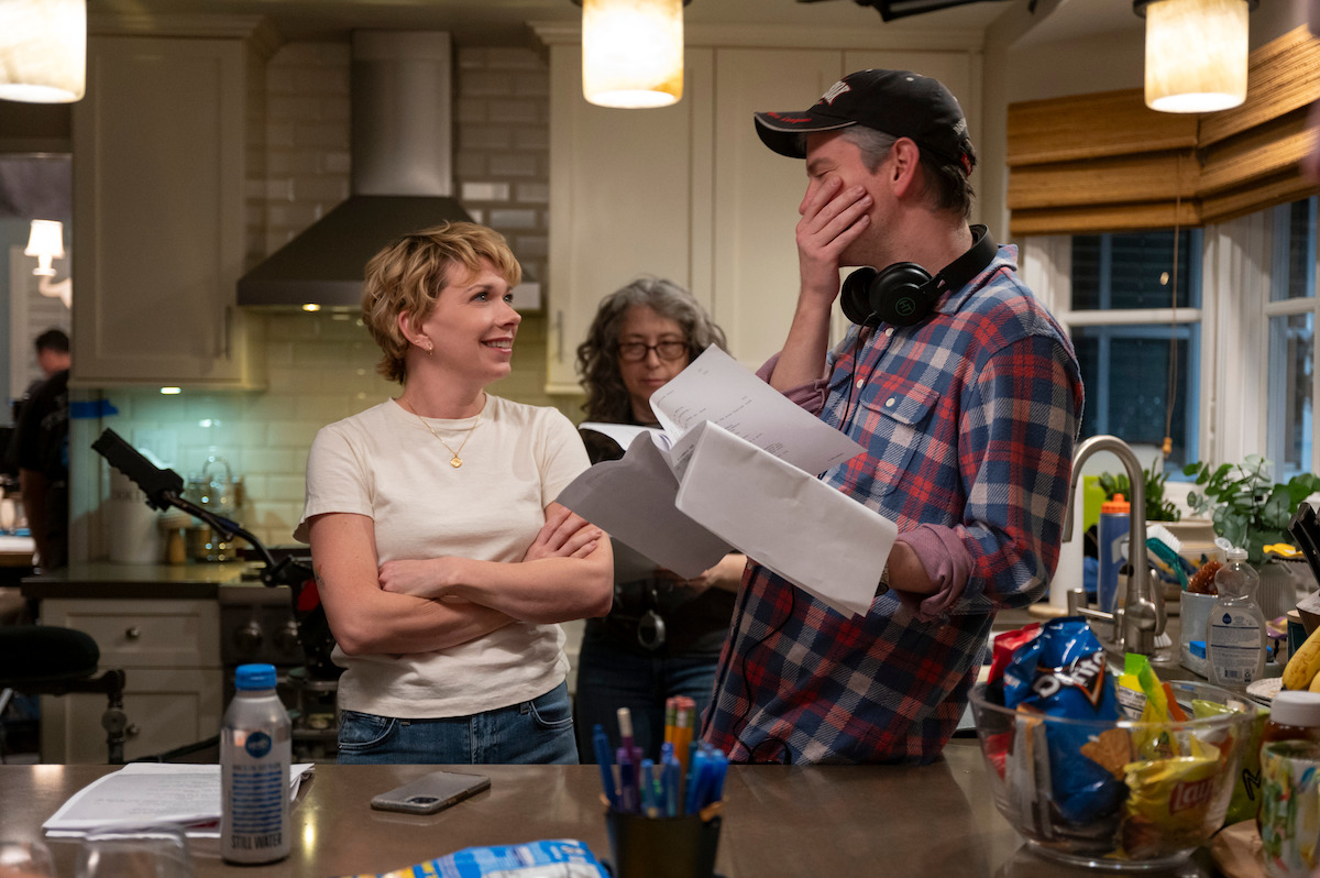 Mary Elizabeth Ellis as Emily and Mike Schur work together on the set of 'A Man on the Inside'