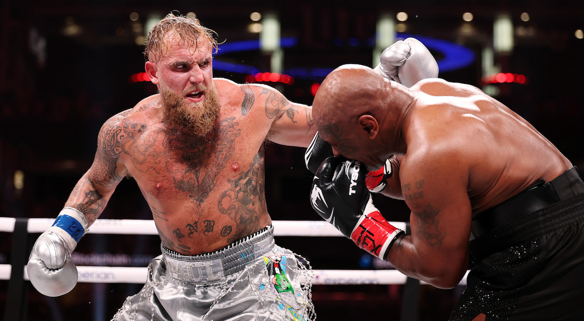 Jake Paul and Mike Tyson fight during ‘LIVE on Netflix: Jake Paul vs. Mike Tyson’ at AT&T Stadium on Nov. 15, 2024, in Arlington, Texas.