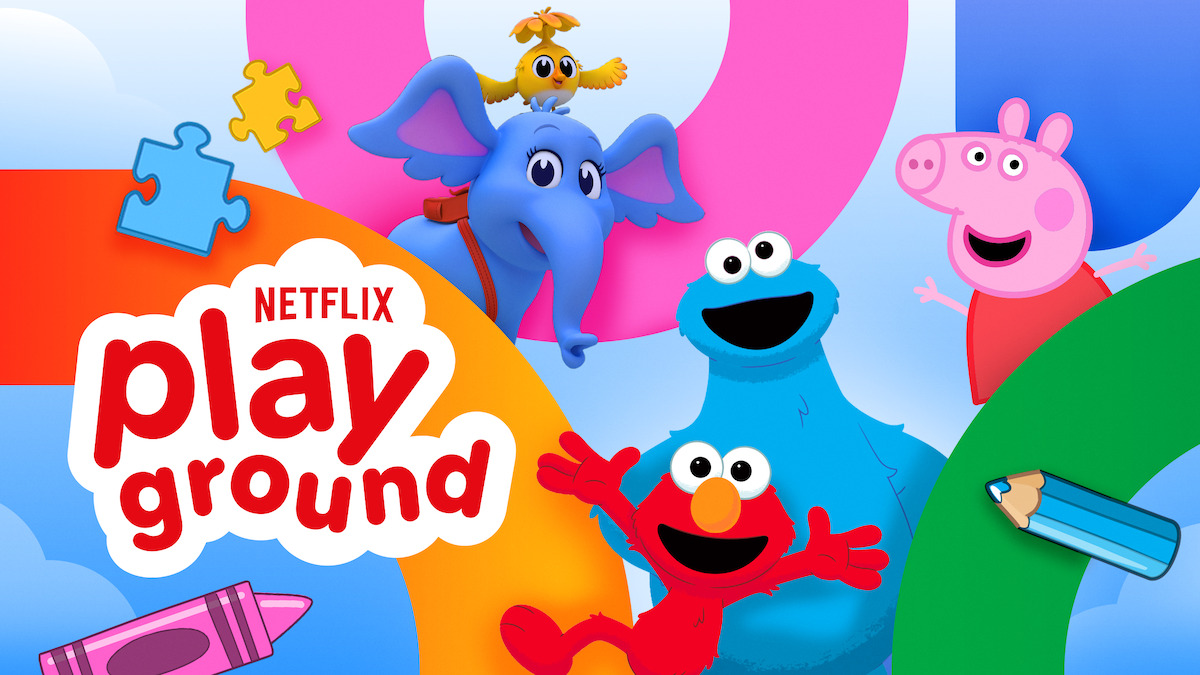Colorful cartoon characters including an elephant, bird, Cookie Monster, Elmo, and Peppa Pig in a playful setting with clouds, crayons, puzzles, and a pencil, along with the Netflix Playground logo.
