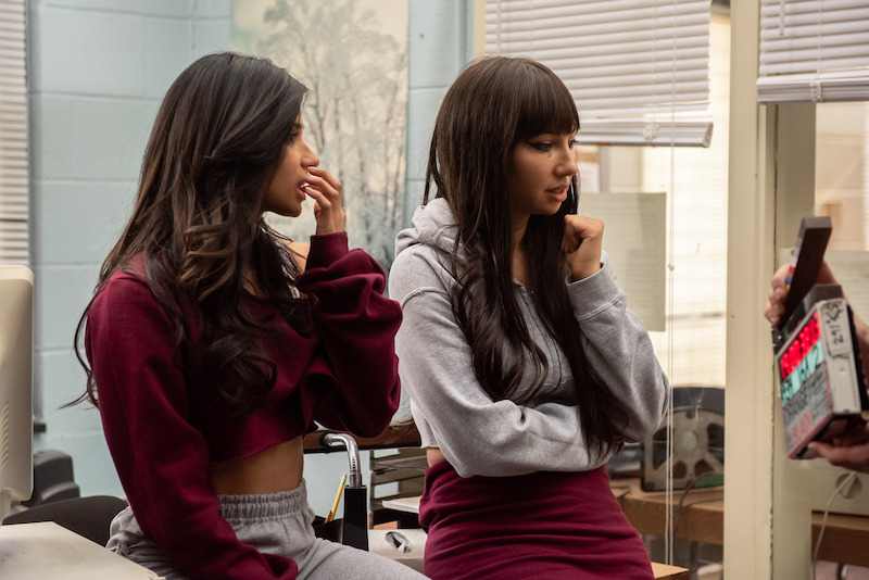 (L to R) Diane Guerrero as Maritza, Jackie Cruz as Marisol "Flaca" on the set of Orange Is The New Black Season 5.