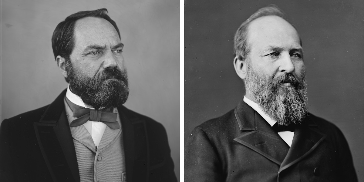 Two men with beards in formal 19th-century attire, both looking away from the camera, set against plain studio backgrounds, creating a serious and historical mood.