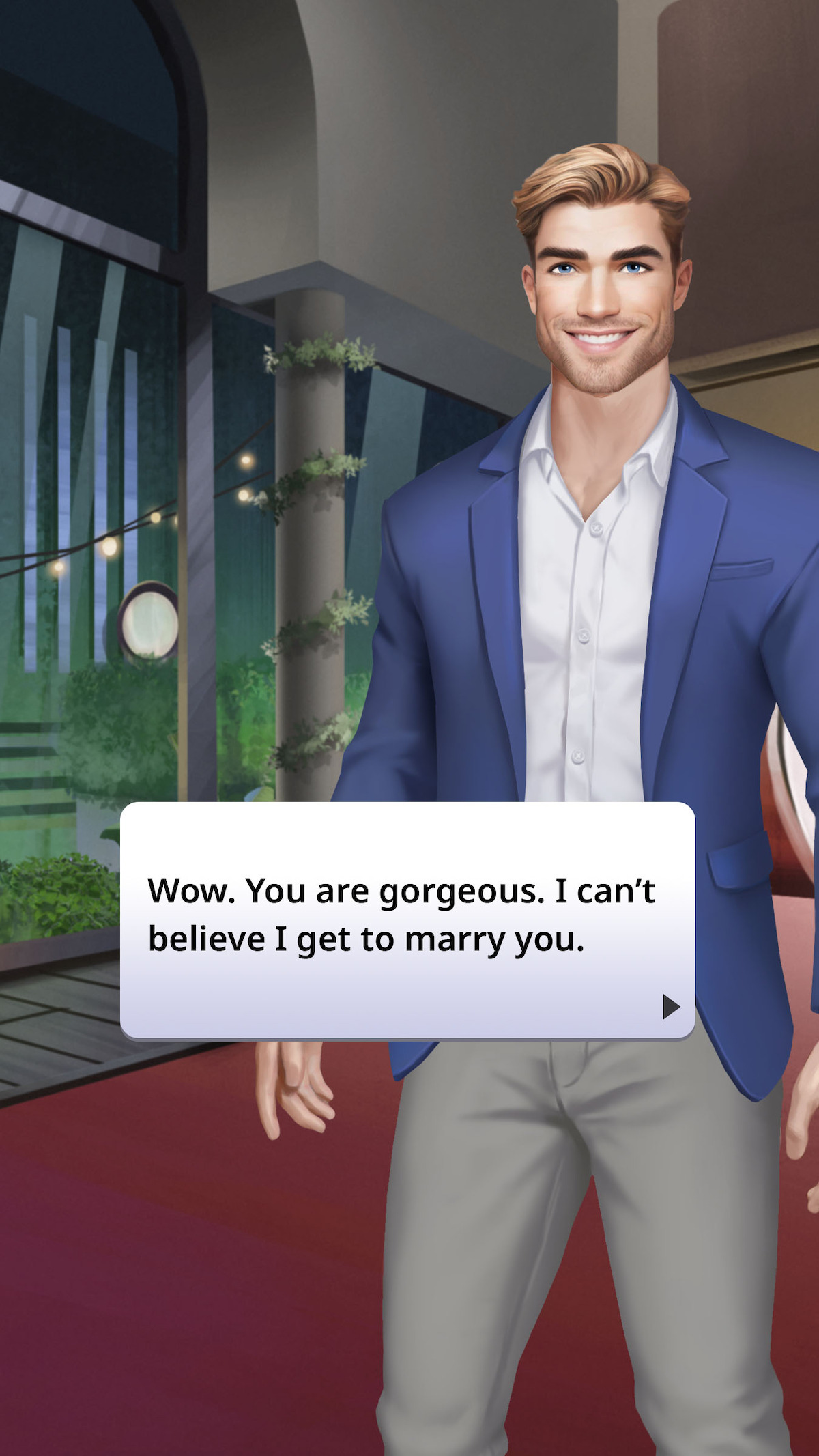 An in-game screenshot from the mobile game ‘Netflix Stories: Love Is Blind’, featuring a man in a suit with the accompanying text bubble: “Wow. You are gorgeous. I can’t believe I get to marry you”.