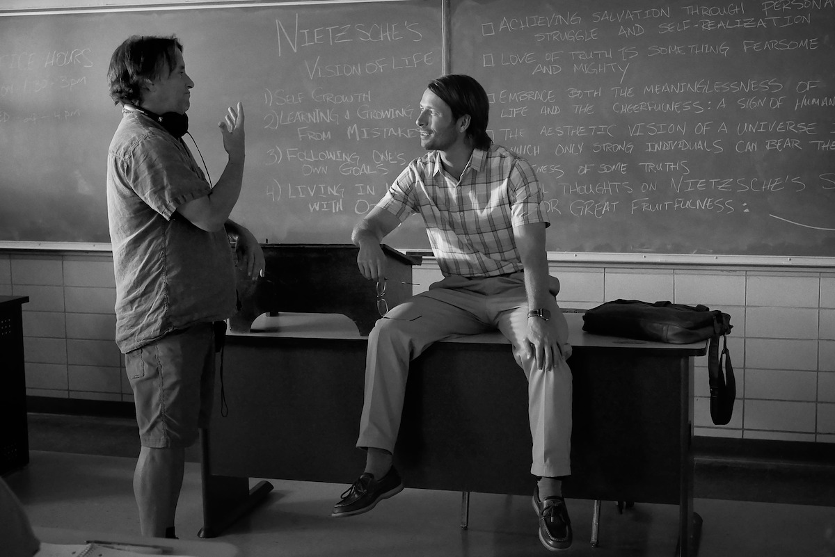 Director and co-writer Richard Linklater with Glen Powell as Gary Johnson