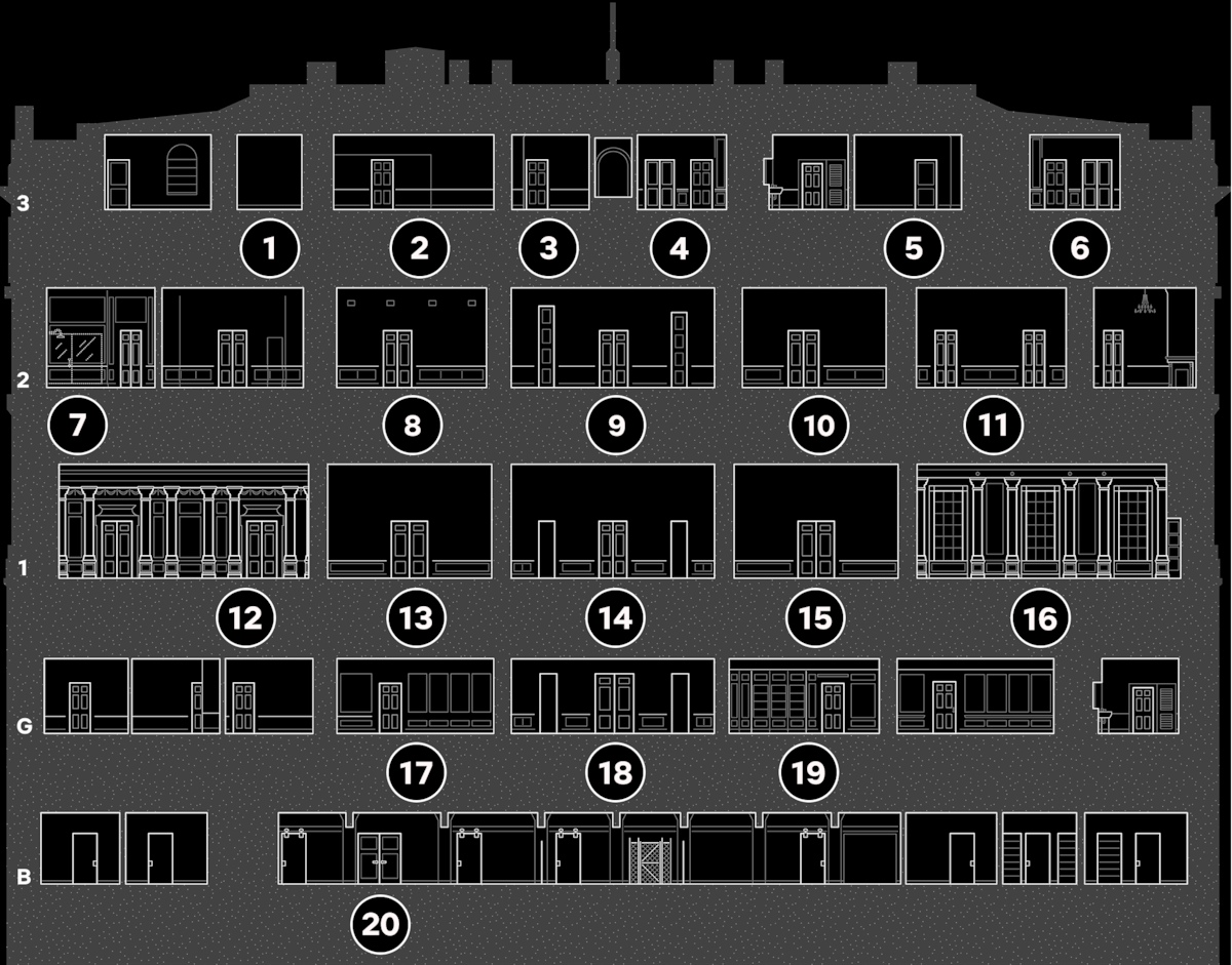A numbered architectural drawing of each floor and room of the south side of The White House.