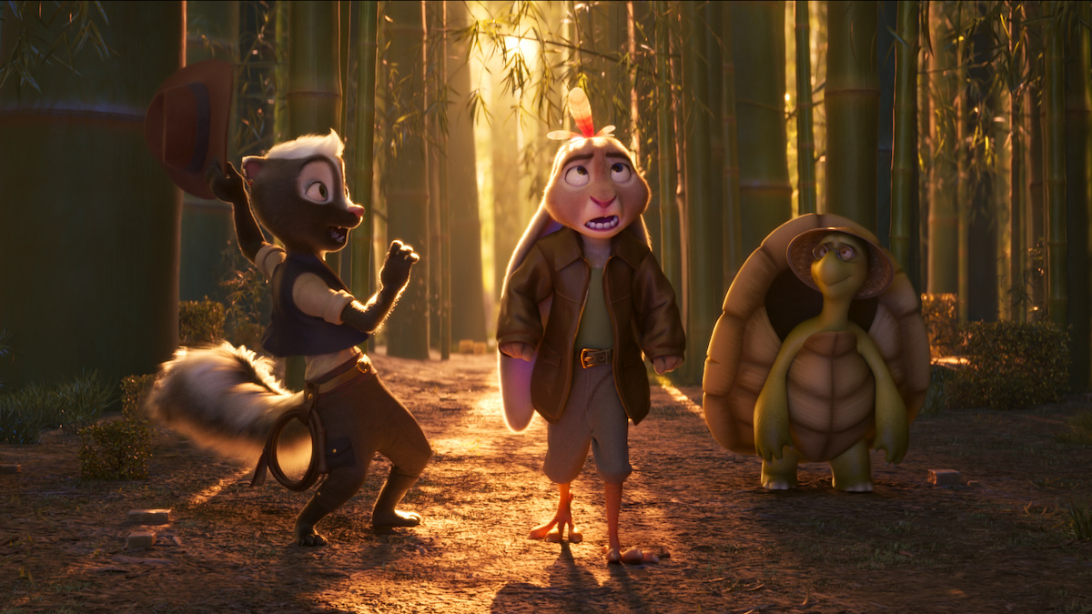 Animated animals walk together through a forest