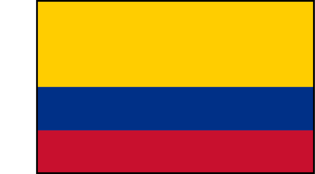 Flag of Colombia featuring three horizontal stripes: yellow on top (double width), blue in the middle, and red at the bottom. Simple, colorful design on a rectangular background.