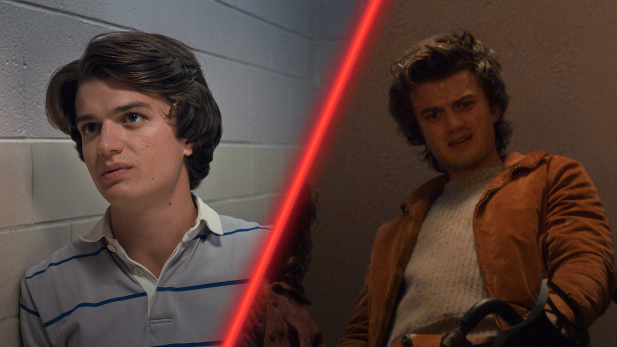 Diptych of Joe Keery as Steve Harrington in ‘Stranger Things’ Season 1 and Season 5.
