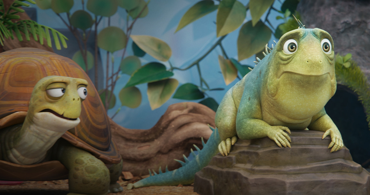 Adam Sandler voices a lizard named Leo (right) in 'Leo.'