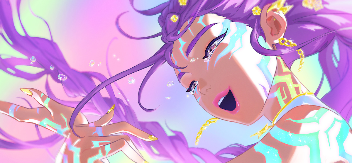 Rumi from 'KPop Demon Hunters' with flowing purple hair, tears, glowing markings, and gold jewelry in a colorful, pastel abstract background, expressing intense emotion and dynamic movement.