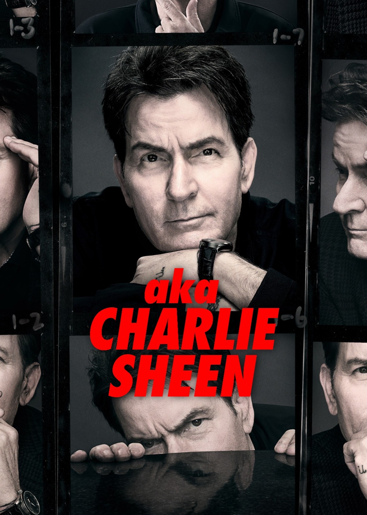 Charlie Sheen appears in different portrait poses in front of the words aka Charlie Sheen in bold red letters.