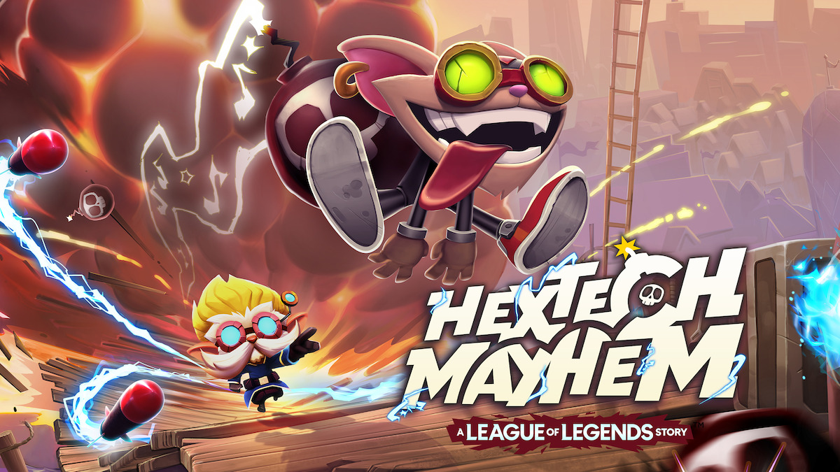 key art for Hextech Mayhem: A League of Legends Story - characters chased by lightning in a chaotic background of a battle.