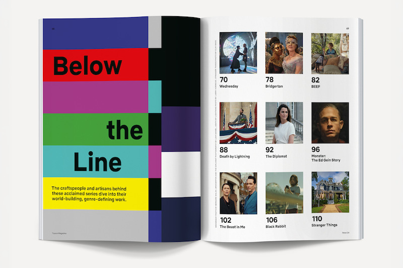 Magazine spread with a colorful “Below the Line” design and TV test pattern on the left page; right page features a photo grid of TV shows with titles and page numbers, such as Wednesday, Bridgerton, and Stranger Things.