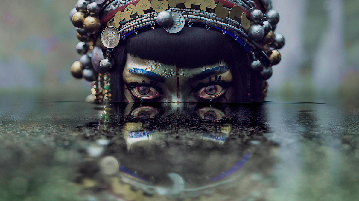 A woman wearing a headdress holds her eyes above water in “Jibaro” from ‘Love, Death, + Robots’ Volume 3