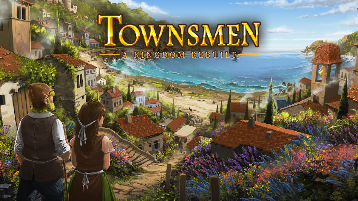 Townsmen - A Kingdom Rebuilt key art - a couple looking down at a seaside town.