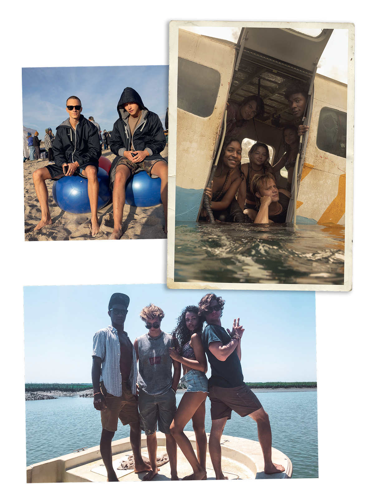 A group of friends in casual beachwear on sand, in water inside an old airplane, and posing on a boat, all outdoors in sunny weather with water and beach in the background, evoking summer adventure and camaraderie.