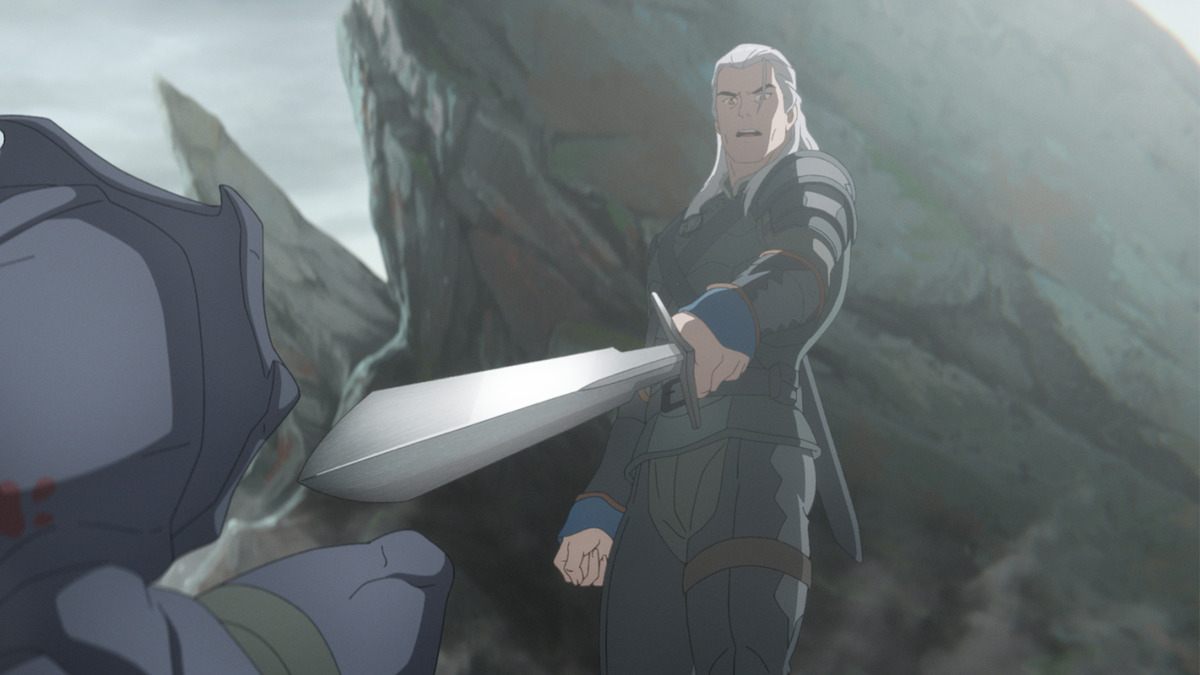 Geralt of Rivia holds his sword to an opponent in the anime 'The Witcher: Sirens of the Deep'