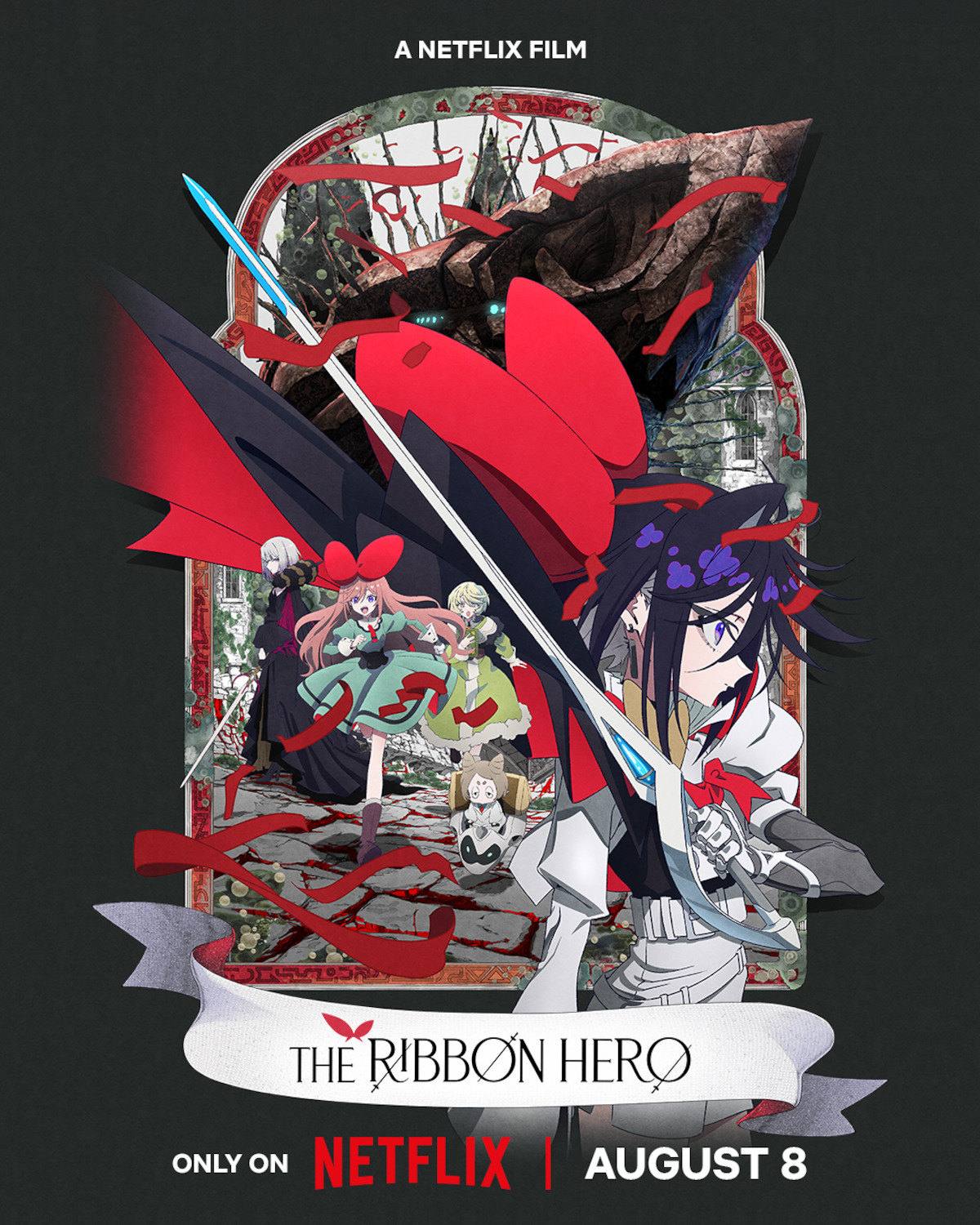 Anime characters wielding swords and ribbons stand in a ruined, overgrown building. Red ribbons, dramatic poses, and a monster in the background convey a fantasy action scene. Poster says “The Ribbon Hero,” Netflix release August 8.