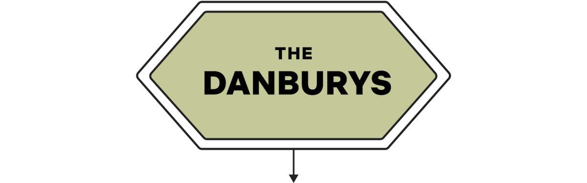 Placa hexagonal com fundo verde claro e texto em negrito preto com a inscrição "Os Danbury", contornada em preto e branco, sobre um fundo transparente com um leve padrão quadriculado e uma pequena seta apontando para baixo abaixo.
