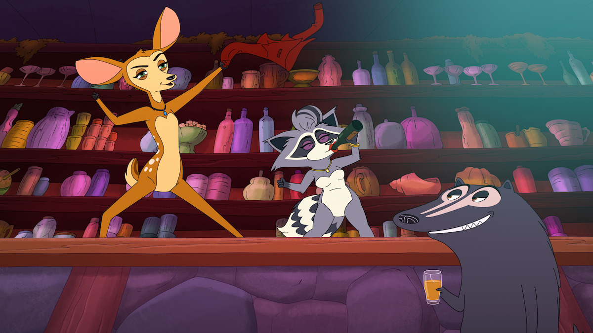Animated deer, raccoon, and mole characters are on a bar counter; the deer poses with a red scarf, raccoon drinks from a bottle, and mole holds a glass. Colorful bottles line shelves in a lively bar setting.