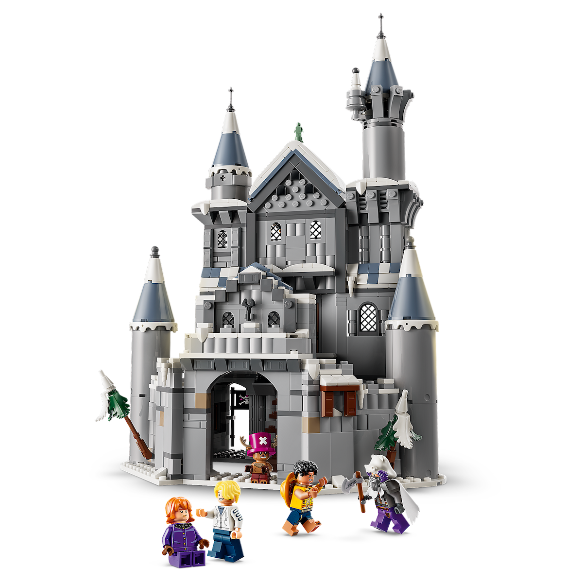 LEGO castle set with detailed gray towers, snowy trees, and four minifigures playing outside the entrance, set against a plain white background.