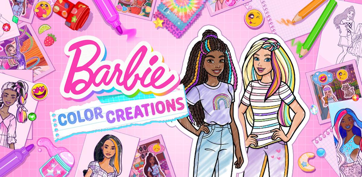 Two illustrated girls stand together on a colorful, art-themed background with drawings, photos, and craft supplies, evoking a creative, upbeat mood. Text reads "Barbie Color Creations" in bold, playful lettering.