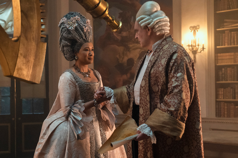 Golda Rosheuvel as Queen Charlotte and James Fleet as King George.