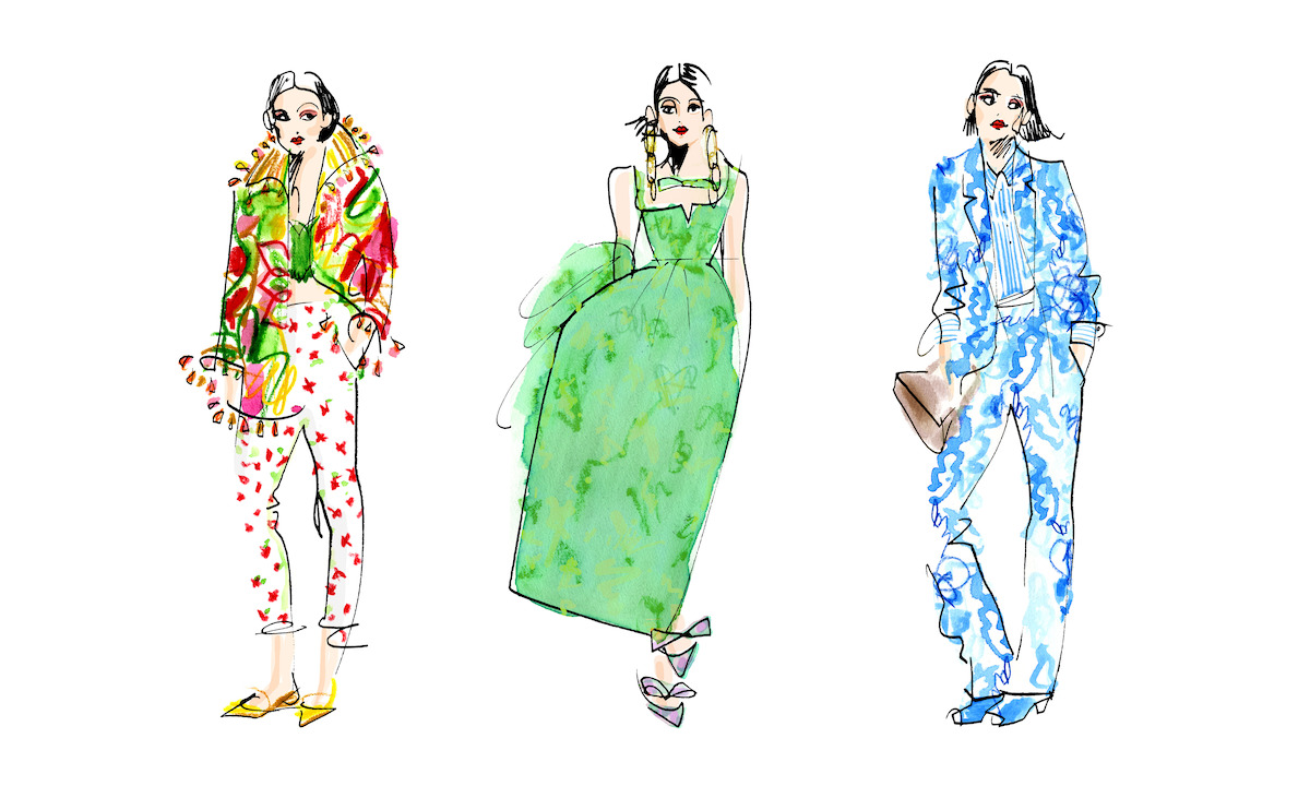 Illustrations of Emily Cooper in various outfits she wore in Season 3 of Emily in Paris while discovering a new side of her European adventure, life in Rome.