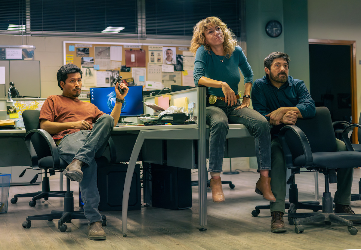 Harold Torres as Nico, Mayra Hermosillo as Gloria, Héctor Kotsifakis as Cri in ‘Gringo Hunters.’