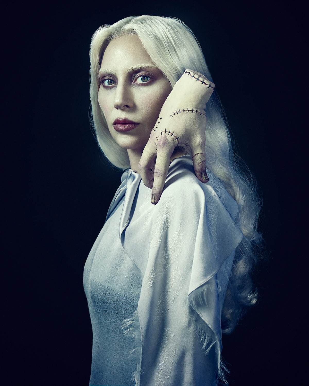 Lady Gaga as Rosaline Rotwood with Thing on the set of ‘Wednesday’ Season 2.