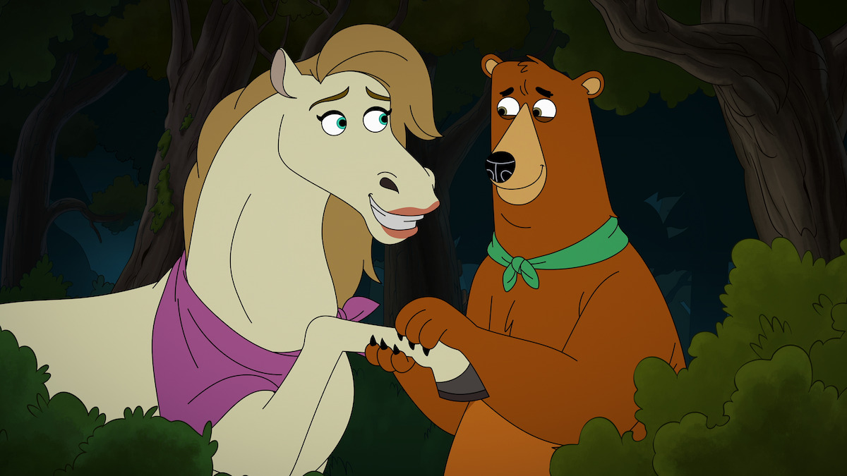 A cartoon horse and bear holding hooves/paws in a forest at night, both wearing neckerchiefs and appearing friendly and expressive.