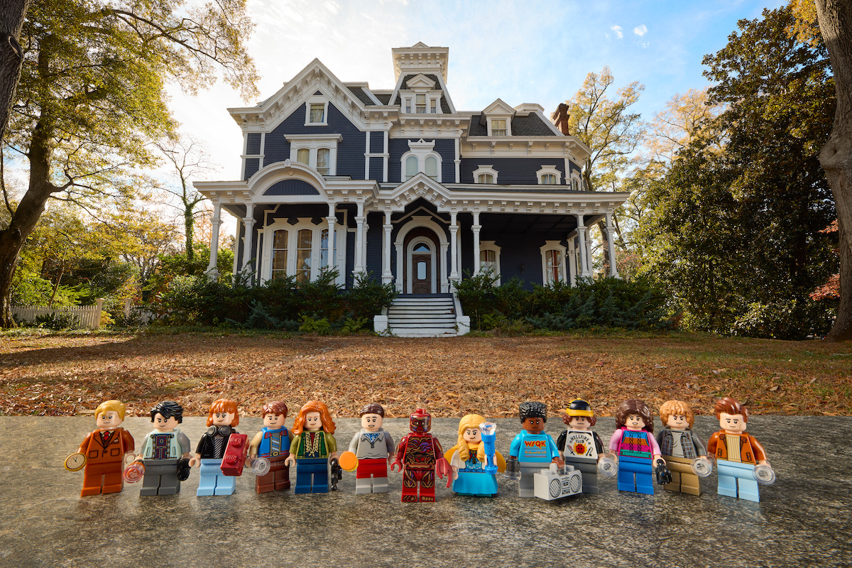 Lego statues from 'Stranger Things' stand in front of the Creel House