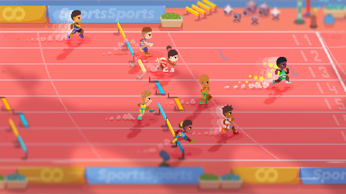 A colorful scene of athletes competing in a hurdles race on a track, with a cheering crowd in the background. The athletes are mid-race, jumping over hurdles, and running towards the finish line.